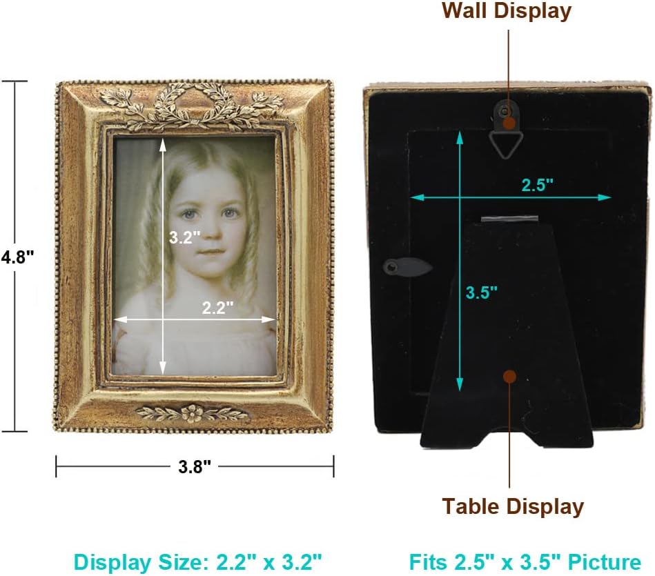 SYLVIA'S SHOP Small Vintage 2.5x3.5 Picture Frame, Mini Antique Ornate Photo Frame, Table Top Display and Wall Hanging Home Decor, Old Fashioned Photo Gallery Art Deco, Bronze Gold