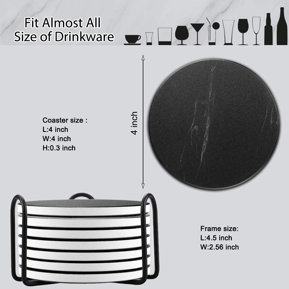 EAGMAK Set of 8 Coasters for Drinks, Marble Style Ceramic Drink Coaster with Holder for Coffee Wooden Table Home Decor(Black)