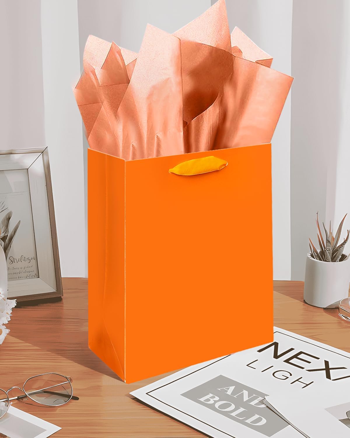 Gcardist Orange Gift Bags with Tissue Paper for Wedding, Birthday, Party Supplies-7.9"x4.3"x9.6" Medium Size Cardboard Gift Bags（5pcs Bags +10pcs Tissue Paper ）