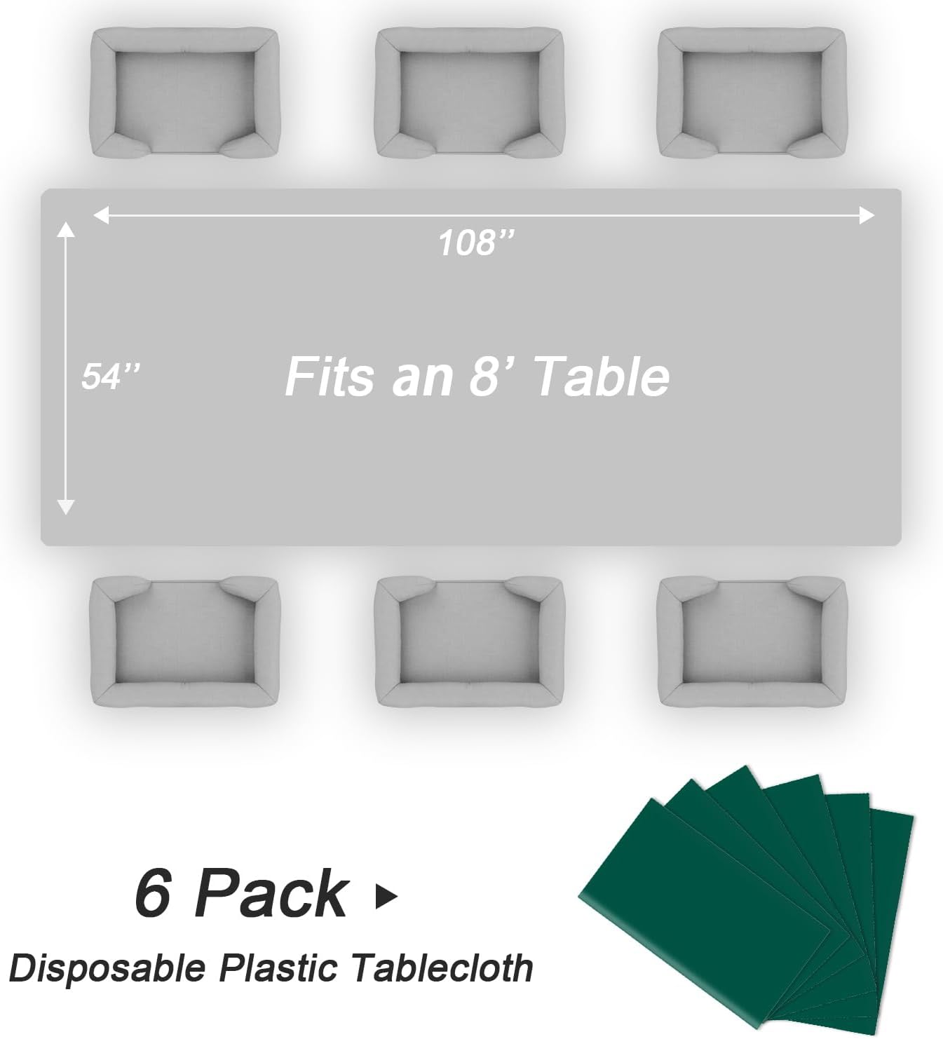 QIKSION Plastic Table Cloth Disposable 6 Pack, 54 x 108 Inch Tablecloths for Rectangle Tables, Dark Green Plastic Table Cover