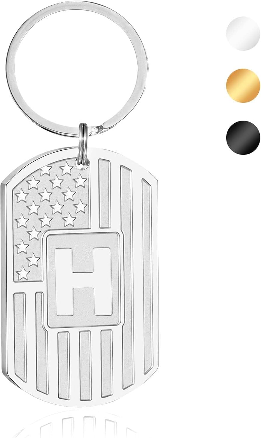 Initial Keychain Gifts for Men,A-Z Letter American Flag Dog Tag Stainless Steel Keychain,Mens Accessories Gift