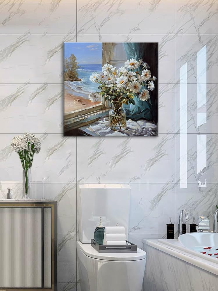Bathroom Wall Decor White Flowers Canvas Wall Art Print Blue Beach Picture Ocean Modern Poster Coastal Seascape Painting Floral Daisy Artwork for Office Bedroom 14"x14"