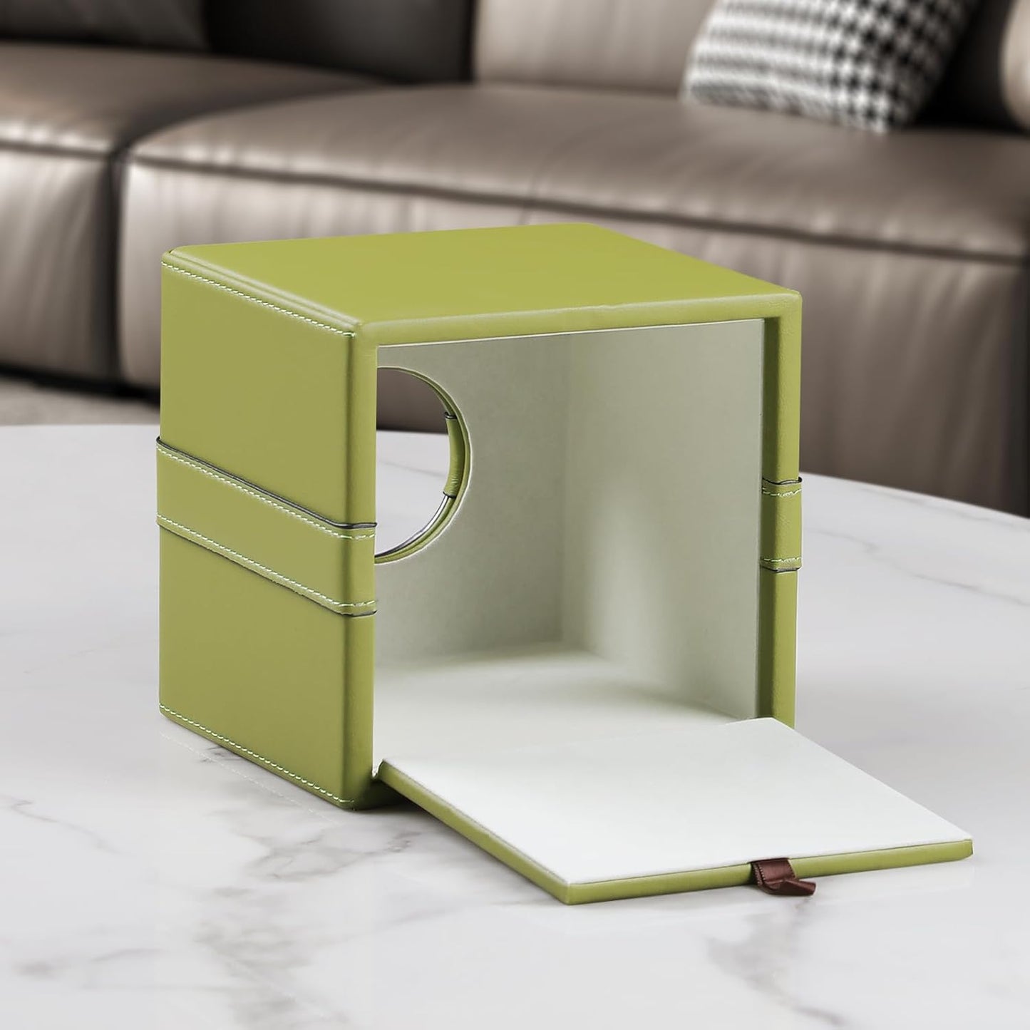 Square Tissue Box Cover, Luxury PU Leather Tissue Holder with Magnetic Closure (Green)