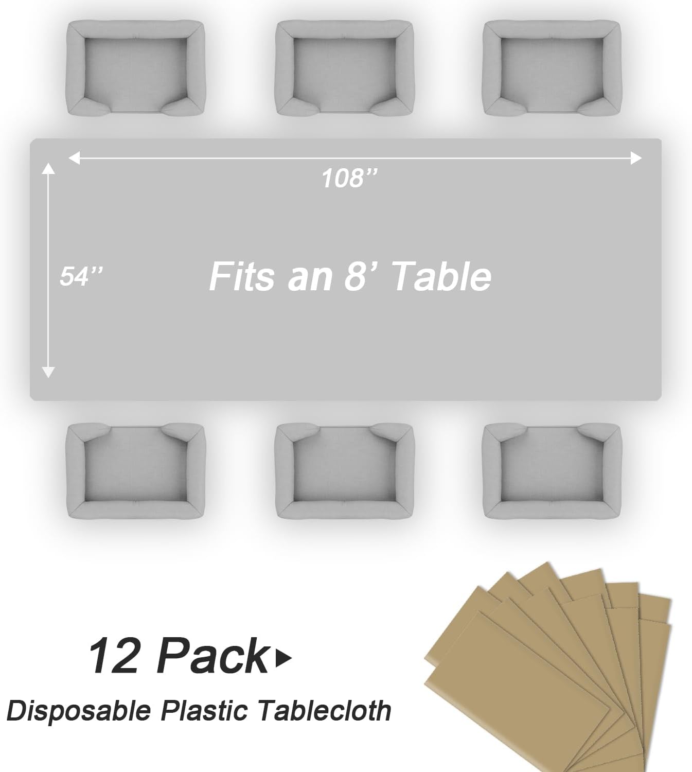 QIKSION Plastic Table Cloth Disposable 12 Pack, 54 x 108 Inch Tablecloths for Rectangle Tables, Gold Plastic Table Cover