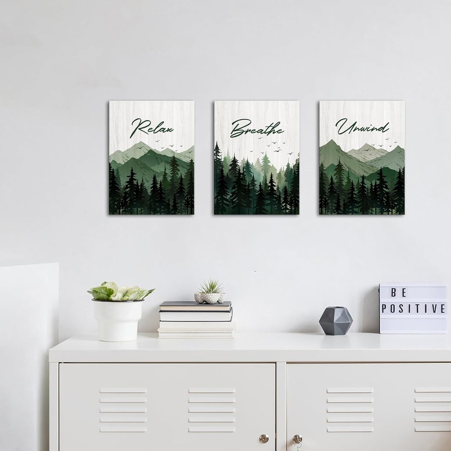 Saypeacher Green Bathroom Wall Art Misty Forest Pictures Relax Breathe Unwind Sign Wall Decor Watercolor Pictures for Bathroom Prints