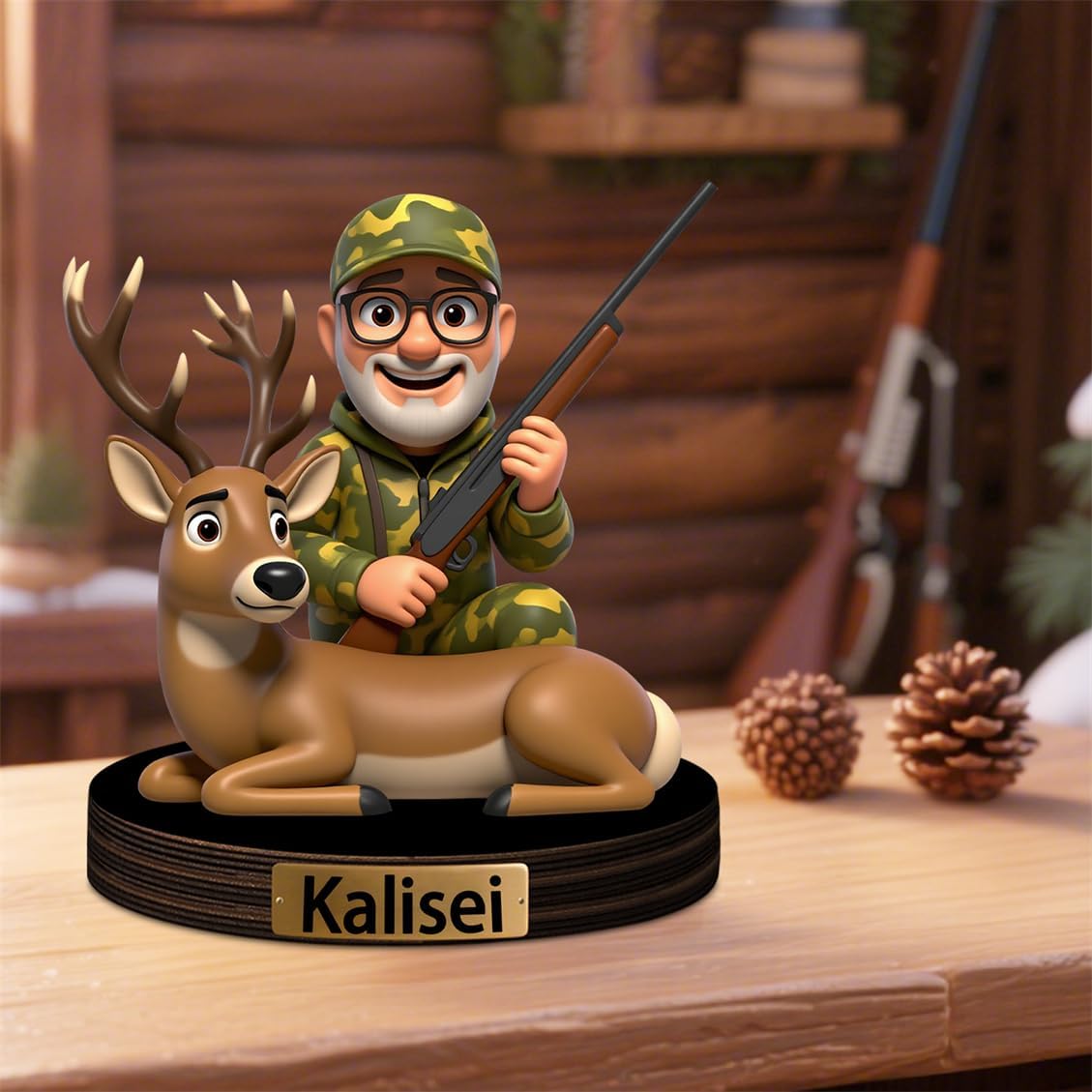 Personalized Hunter Cartoon Desktop Decor Custom 2D Deer Elk Portrait Figurine Plaque with Name Hunting Deer Acrylic Sculpture Desk Sign Ornament for Men Women Family Couple Christmas Birthday
