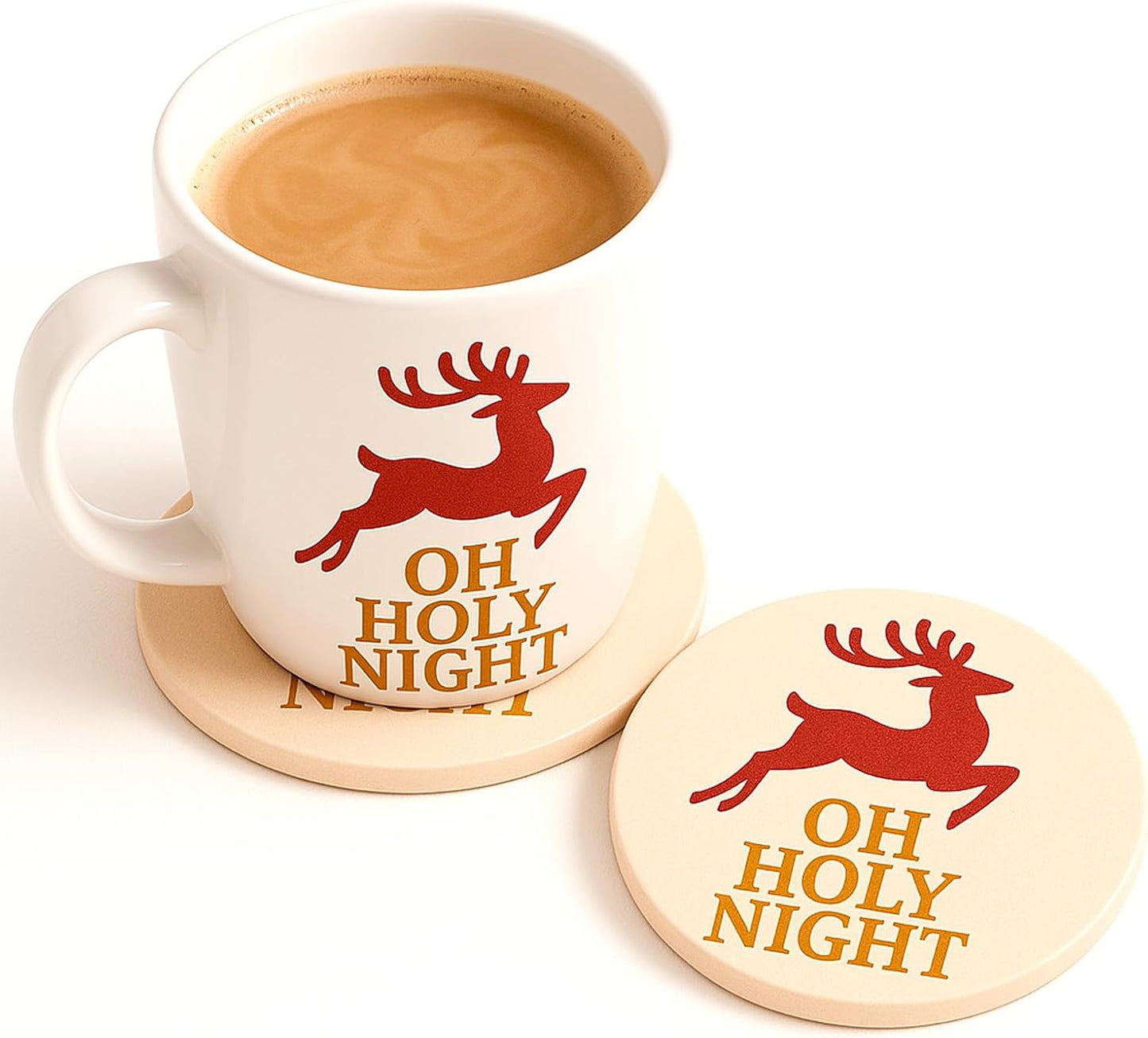 Christmas Ceramic Coasters Set of 4,“Oh Holy Night” Reindeer Absorbent Stone Drink Coasters with Non-Slip Cork Backing for Coffee Table, Holiday Party, Winter Home & Kitchen Decor