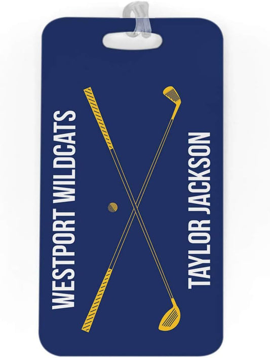 ChalkTalkSPORTS Golf Luggage & Bag Tag | Personalized Crossed Golf Clubs | Standard Lines on Back | Large | Navy/Gold