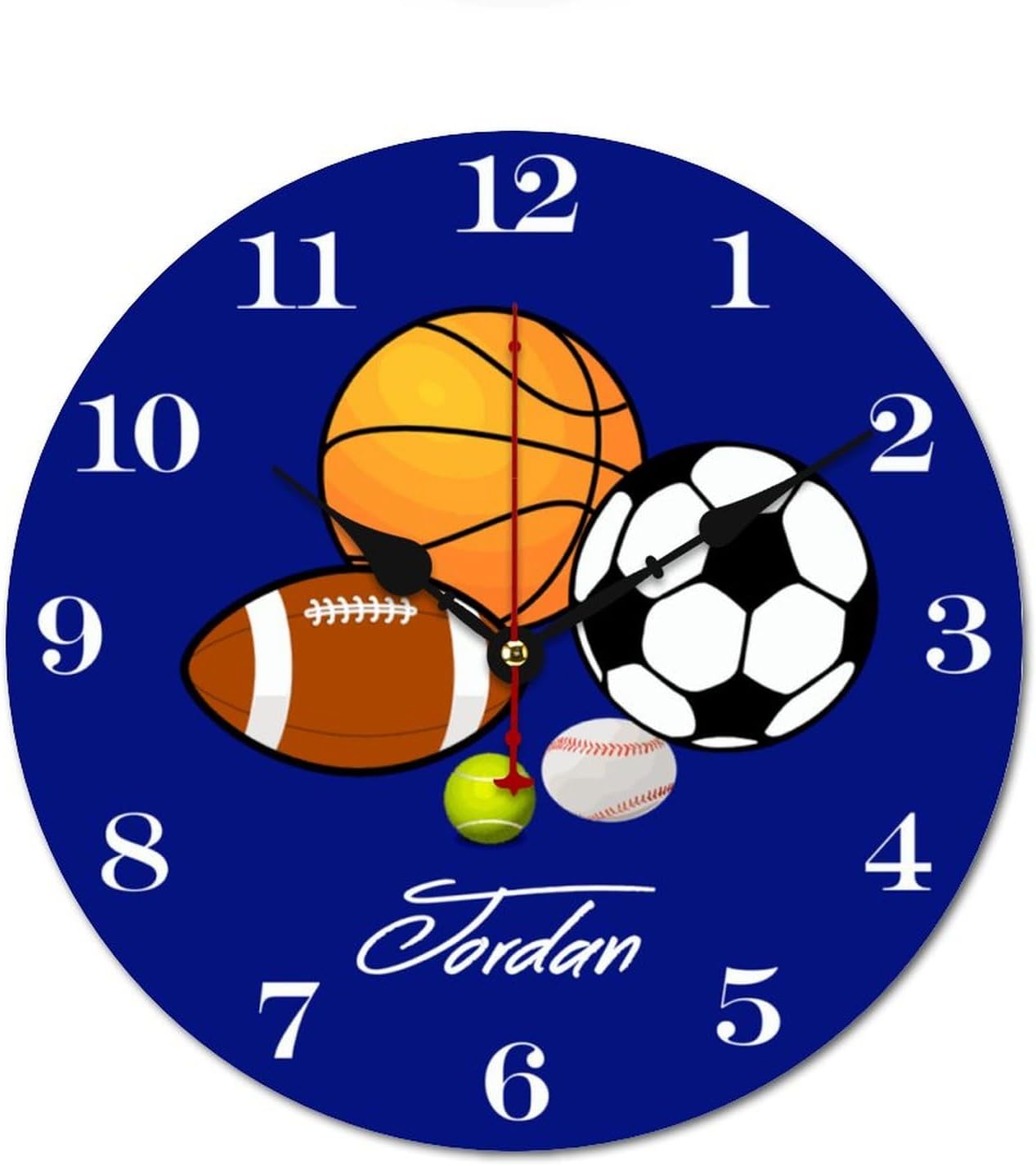 Blue Sports Ball Personalized Kids Name Wood Wall Clocks Rustic Battery Operated 12 inch Non Ticking Sports Decor Wall Clock for Kids Rooms Boys Girls,Nursery Wall Clock,Custom Kids Clock with Name