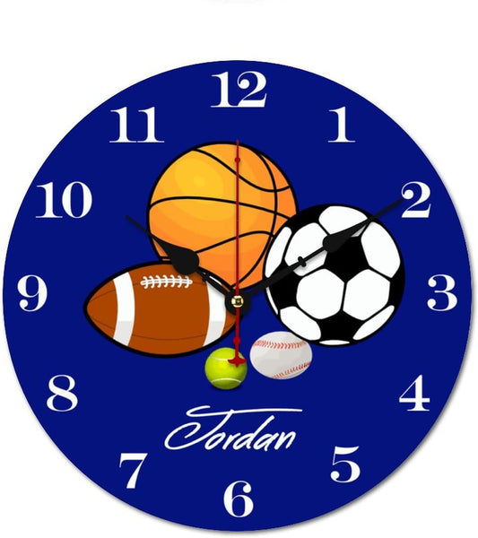 Blue Sports Ball Personalized Kids Name Wood Wall Clocks Rustic Battery Operated 12 inch Non Ticking Sports Decor Wall Clock for Kids Rooms Boys Girls,Nursery Wall Clock,Custom Kids Clock with Name