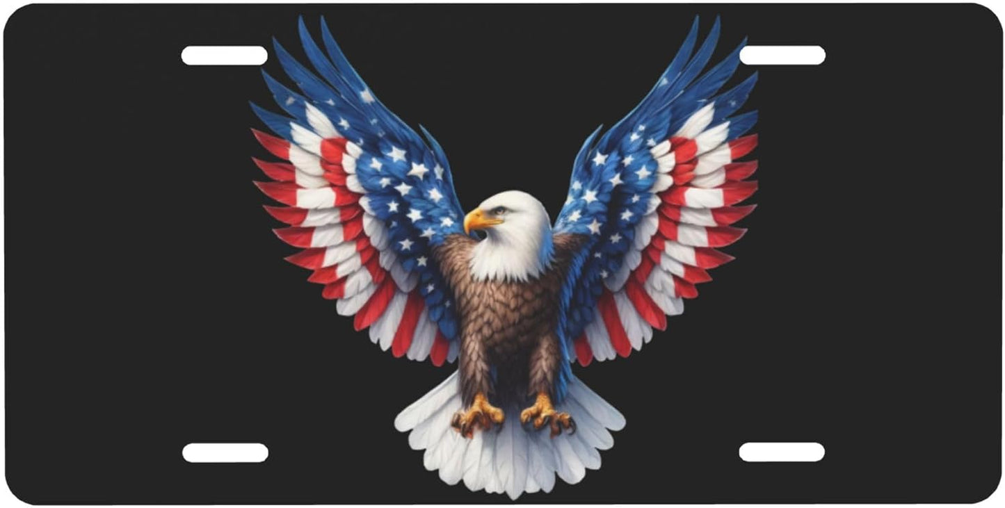 Front License Plate for Car Designs USA Flag Eagle Black Stainless License Plate Cover Holder for Men Women Metal Aluminum Decorative Accessory Vanity Tag Standard 6 X 12 inch (4 Holes)
