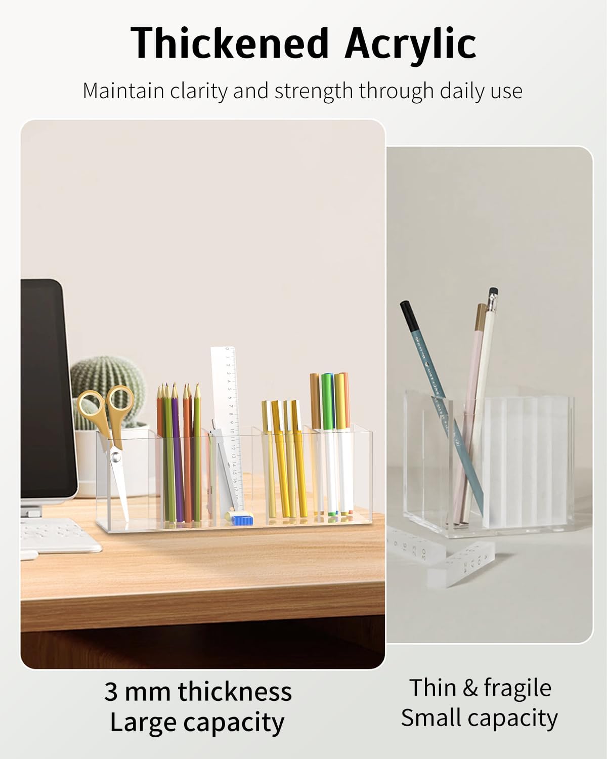 Uniclife Clear Acrylic Pen Holder for Desk, Plastic Pencil Holder Pen Organizer with 5 Compartments, Desktop Stationery Organizer for Office Home School, Vertical Makeup Brush Holder, 11.3" x 3" x 4"