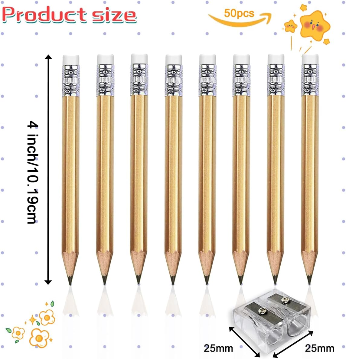 Adhere 50pcs Golf Pencils with eraser Hexagon Wooden Pencils Graphite 2B for Golf Event Scoring,Classroom,Wedding,Company Meetings,Pew, Pocket (z-Gold・Hexagon・50pcs)