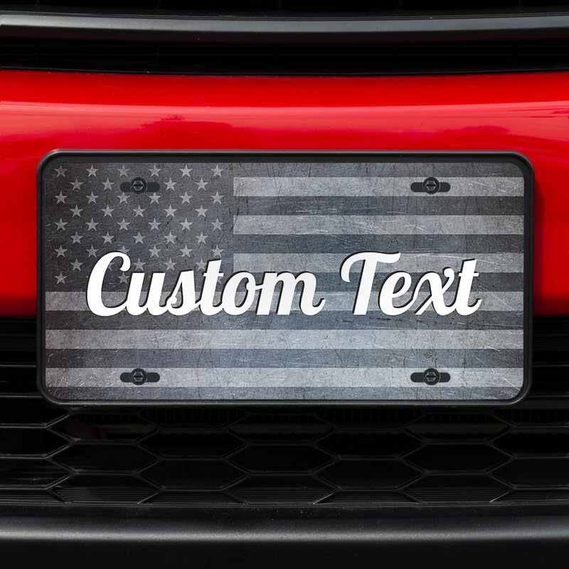 Unique Vanity License Plates | 16 Individual Designs | 3 Sizes (Automobile, Golf Cart, Motorcycle/Bike) | Made in U.S.A. | Custom Car Tags (Grey USA Flag, Standard (12" x 6"))
