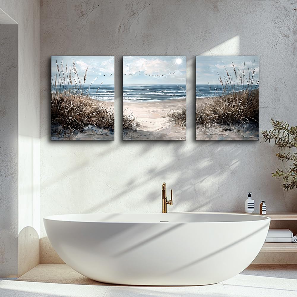 TTHYUEWS Wall Art For Living Room Wall Decor For Bedroom Modern Office Pictures Blue Sea Beach Posters Canvas Painting Wall Art Bathroom Seascape Prints Artwork Canvas Art Framed Ready to Hang 3pcs