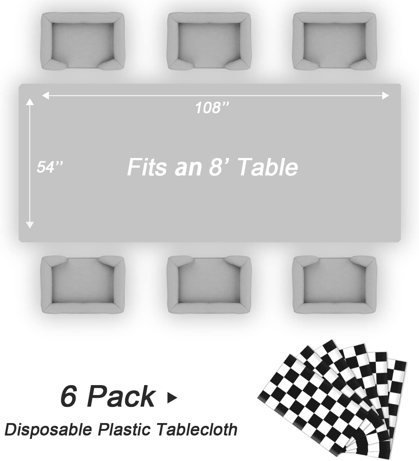 QIKSION Checkered Tablecloth Disposable 6 Pack, 54 x 108 Inch Black and White Checkered Flag Table Cloth for Rectangle Tables, Plastic Table Cover