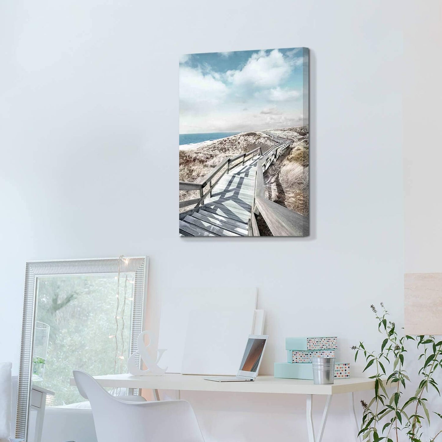 Beach Pier Canvas Wall Art: Boardwalk Stair Picture Graphic Art Painting for Wall Decor(18''x24'')