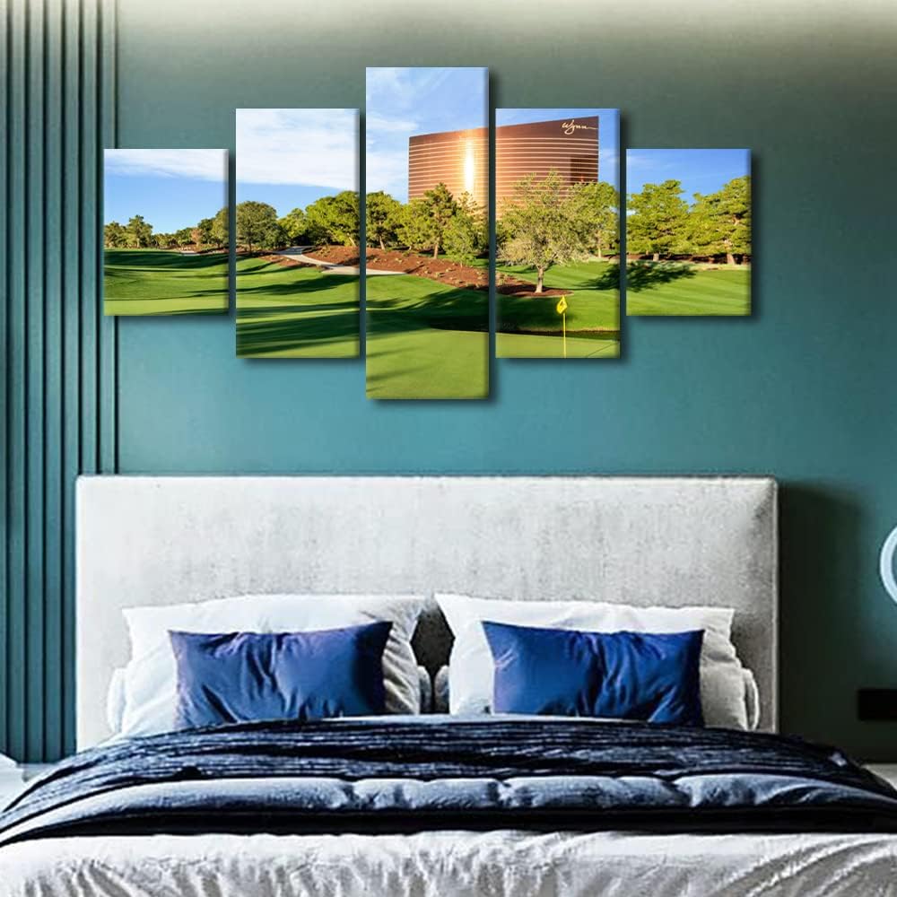5 Panels Canvas Wall Art Golf Course Nature Landscape Picture Painting Prints Artwork Modern Home Decor Canvas Wall Art for Home and Office Wooden Decoration Framed Ready to Hang - 60"W x 32"H