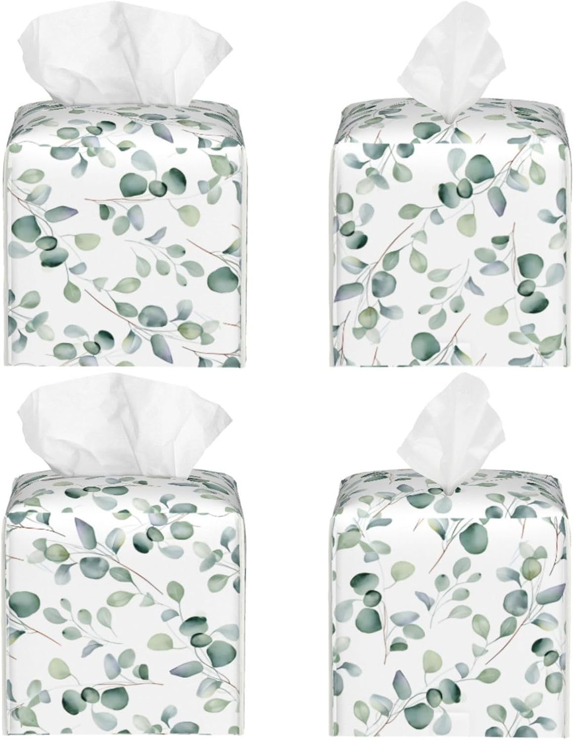 Tissue Box Cover Watercolor Green Leaves Square PU Leather Tissue Box Holder for Car Bathroom Bedroom Desk Tabletop Decor