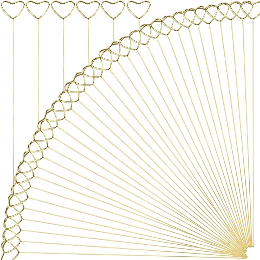 H&W 12''L Golden Heart Loop Round Shape Card Holders 40PCS Floral Picks Clips for Wedding & Flower Arrangements, DIY Craft Wire Clip Table Card Holders Note Photo Picture Memo Holder Cake Topper