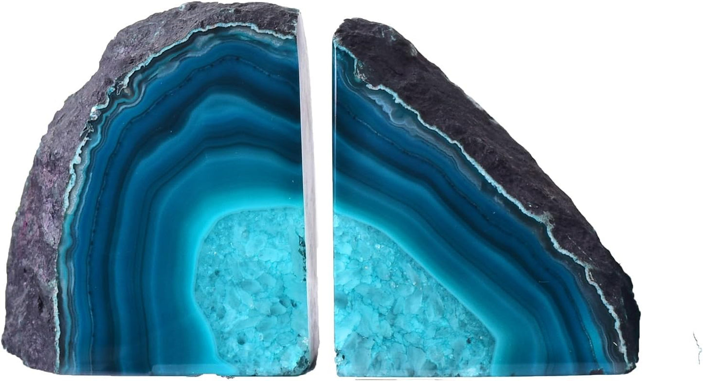 AMOYSTONE Teal Agate Geode Bookends, Unique Natural Crystal Book Holder 2-3 LBS with Rubber Bumpers, Sujetalibros for Small Books and Kitchen Cookbooks, Stylish and Functional