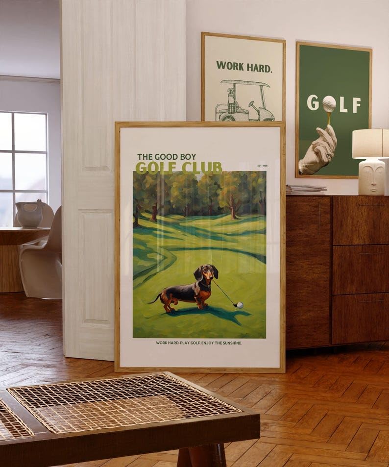 Nationcog Golf Wall Art Print, Good Boy Golf Club Poster with Dachshund Dog, Colorful Impasto Painting, Retro Sports Decor, Funny Wiener Dog Artwork, Great Gift for Golf Fans (Unframed) (12x18)