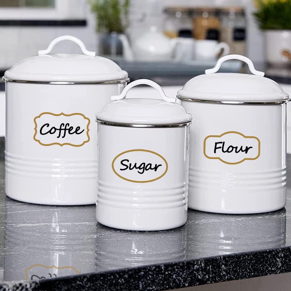Kitchen Pantry Food Containers Clear Labels with Gold Border, 93 Waterproof Removable Write-on Sticker Labels Tags to Organize Spice Jars Condiment Flour Sugar Canisters Storage Bins, Free 2 Markers