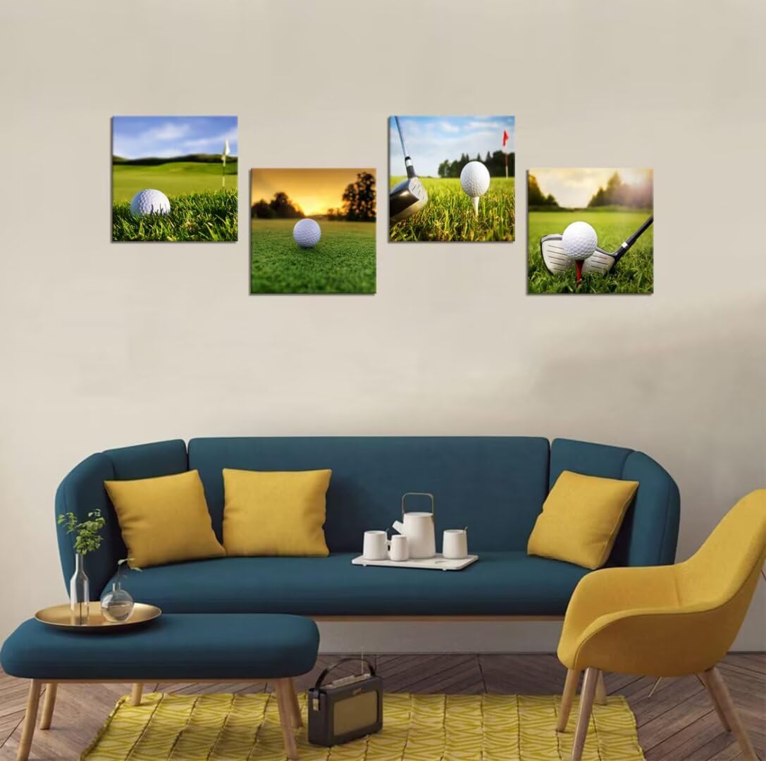 Pankila Golf Course Canvas Wall Art for Gym Club Golf Wall Decor Yellow Green Golf Landscape Abstract Wall Painting Decor Living Room Bedroom Bathroom Frame Artwork (20''W x 20''H x 4)