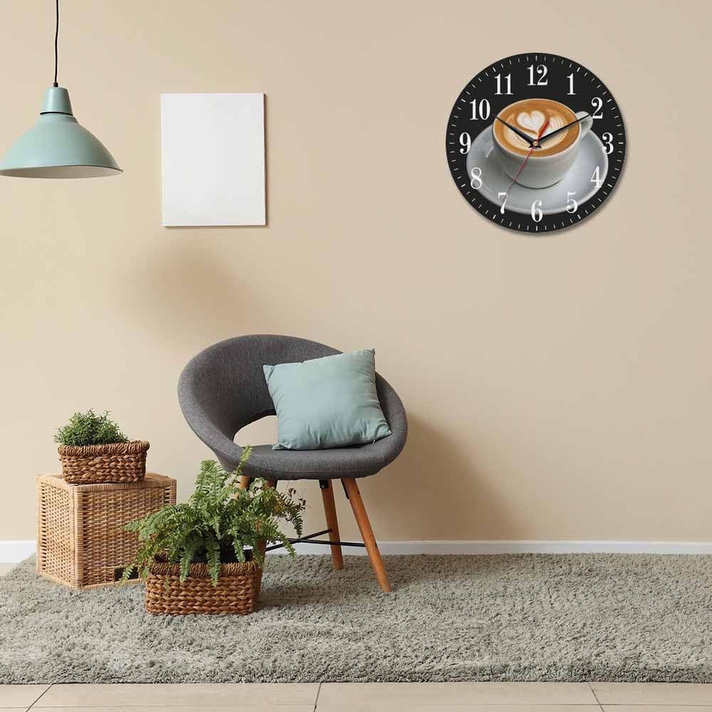 Mxocom Coffee Wall Clock Cappuccino Art Heart Pattern 10 Inch Silent Non Ticking Battery Operated Clock Vintage Round Clock for Living Room Bedroom Bathroom Office Decor