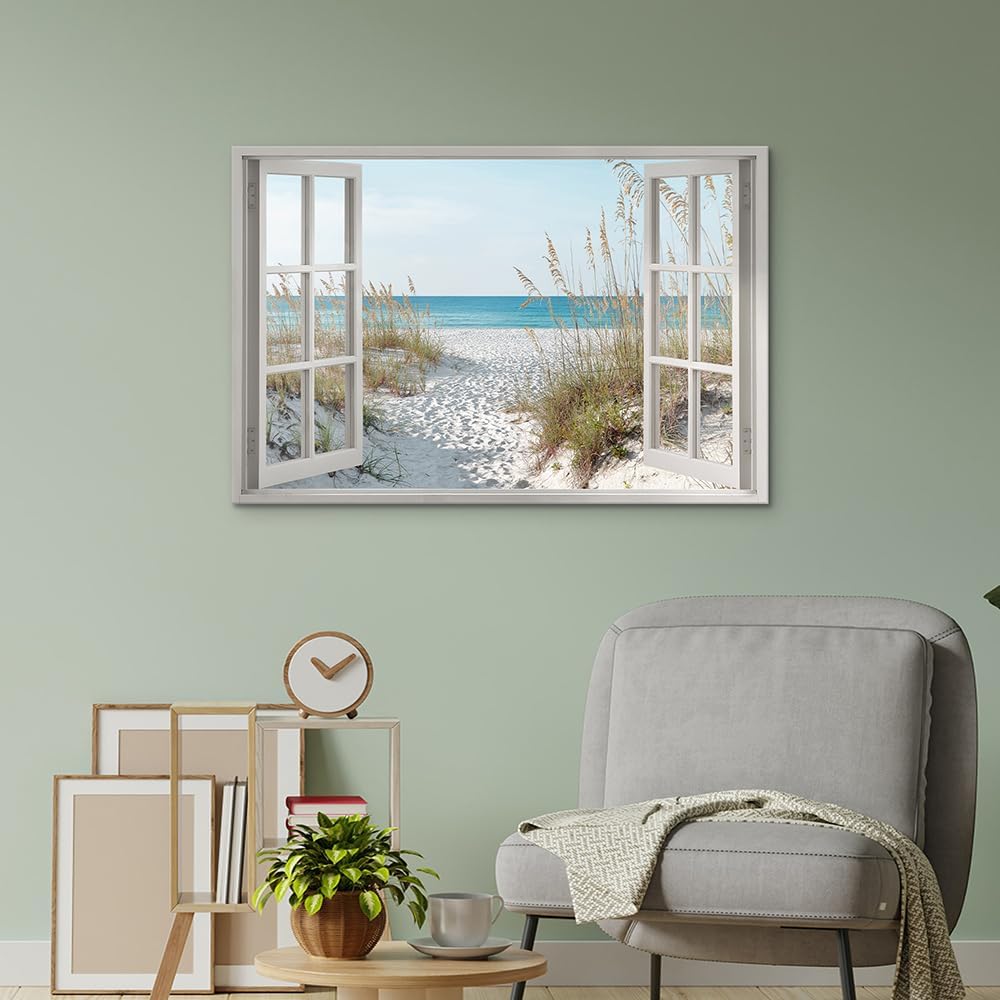 beach wall art window picture: coastal canvas artwork seascape scene prints looking out fake window wall decor for bedroom 36"x24"
