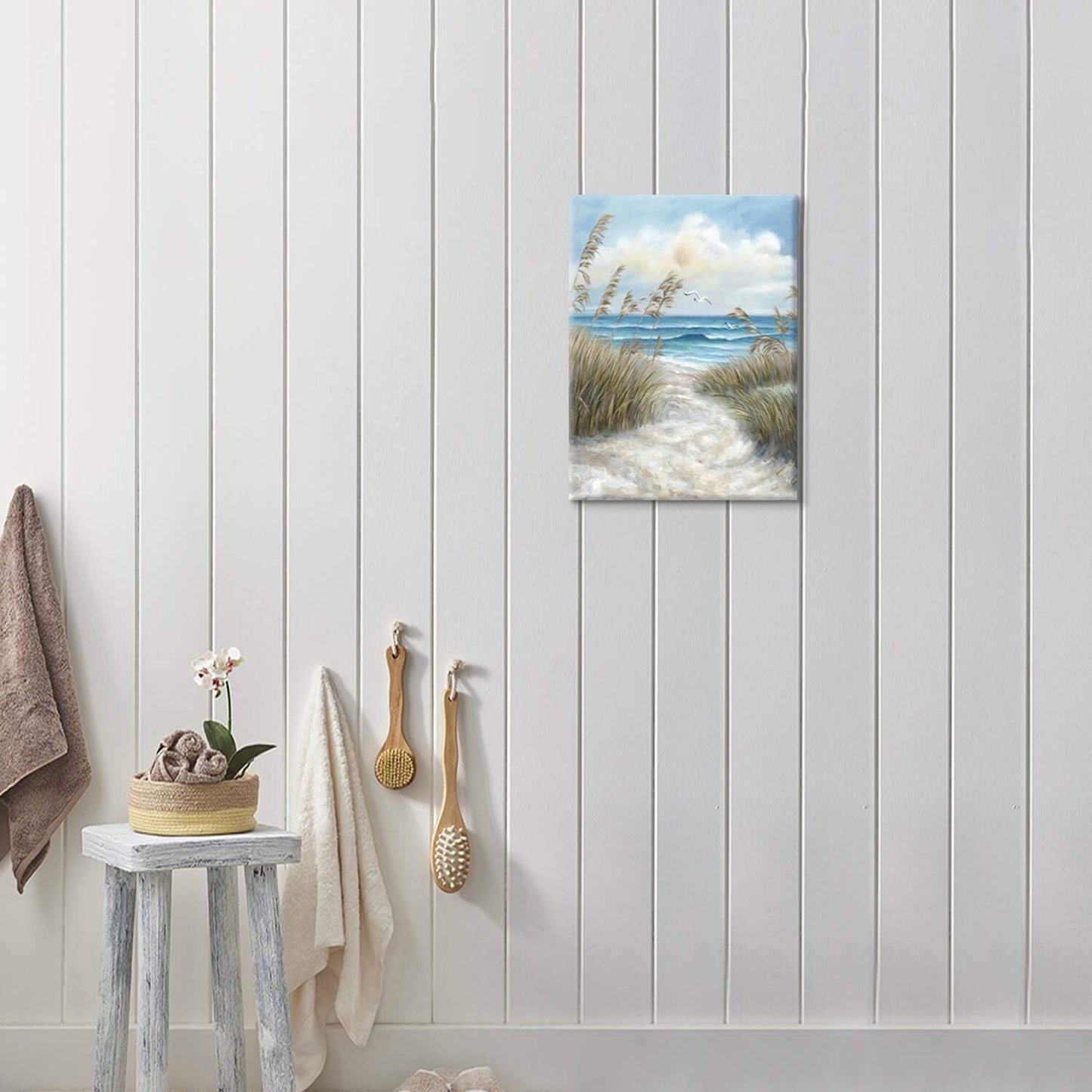 Abstract Beach Picture Wall Art: Sandy Path to Ocean with Sea Grass Artwork Painting for Bedroom (16'' x 12'' x 1 Panel)