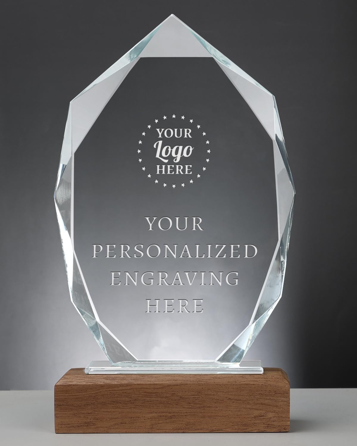 Personalized Crystal Trophy Award with Solid Wood Base - Custom Engraved Plaques for Employee Recognition, Sports Trophies, Thanks Gifts