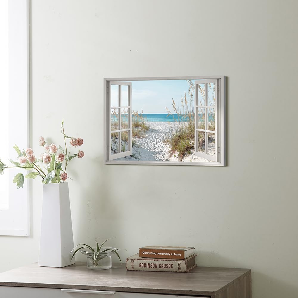 beach wall art window picture: coastal canvas artwork seascape scene prints looking out fake window wall decor for bathroom 12"x16"