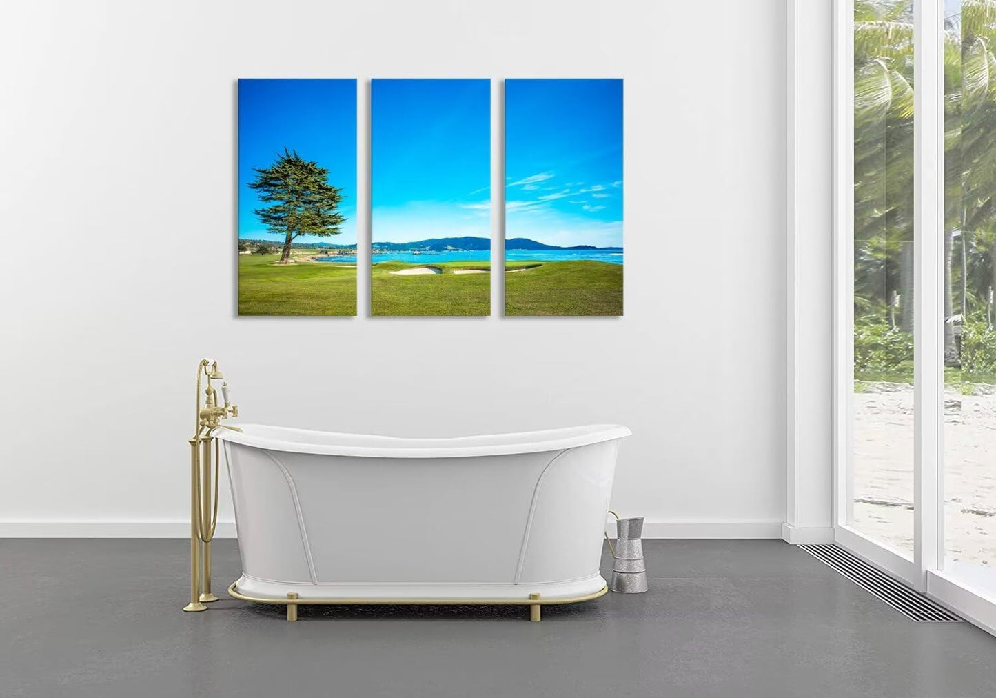 chenchenArt Pebble Beach Golf Course 18th Hole Wall Decor Golf Course Canvas Wall Art for Living Room Bedroom Home Decorations Paintings Canvas Modern Artwork Framed Ready to Hang(14''W x 28''H x3)