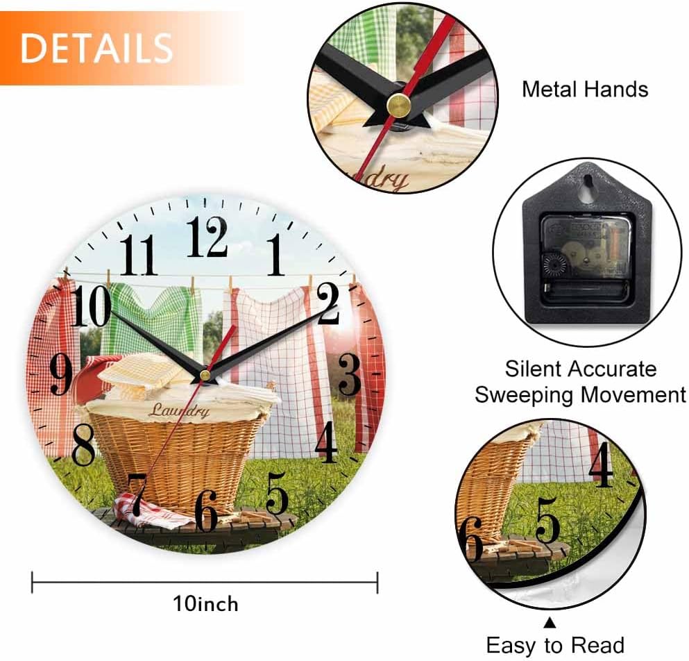 Mxocom Laundry Wall Clock Towels Hang Clothesline Basket Sunny Blue Sky 10 Inch Silent Non Ticking Battery Operated Clock Vintage Round Clock for Living Room Bedroom Bathroom Office Decor