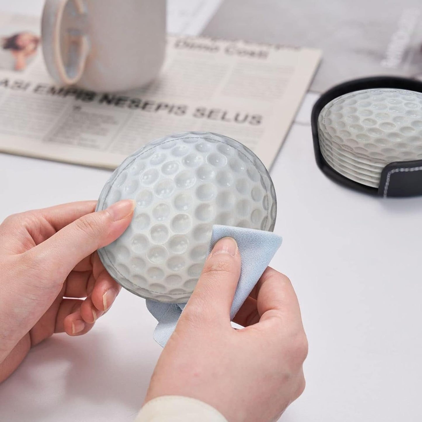 Golf Coasters for Drinks with Holder Round Leather Coasters Set of 6 Cups Mugs Mat Pad for Home Kitchen Bar