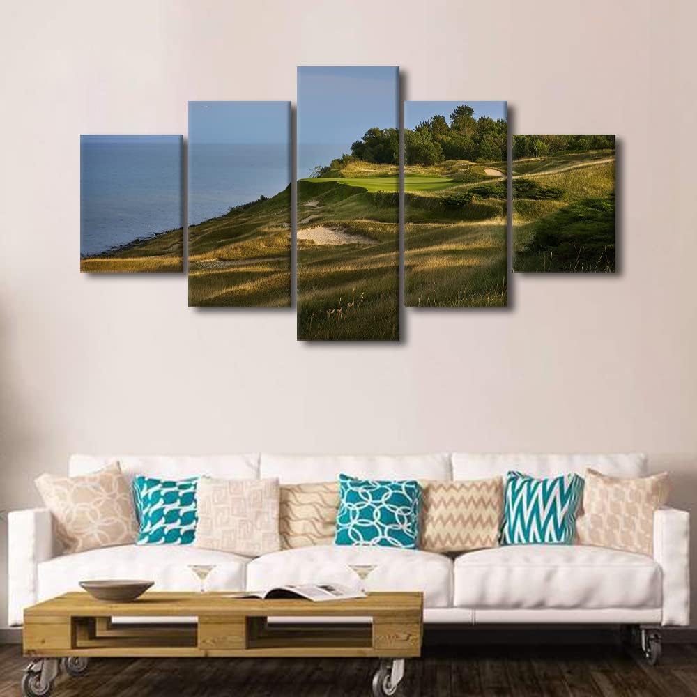 Wall Art Golf Course American Wisconsin Canvas Painting Modern Home Decor 5 Panel Wall Art Golf Course Field Picture Print Canvas Painting Decor for Living Room Framed Ready to Hang - 60"W x 32"H