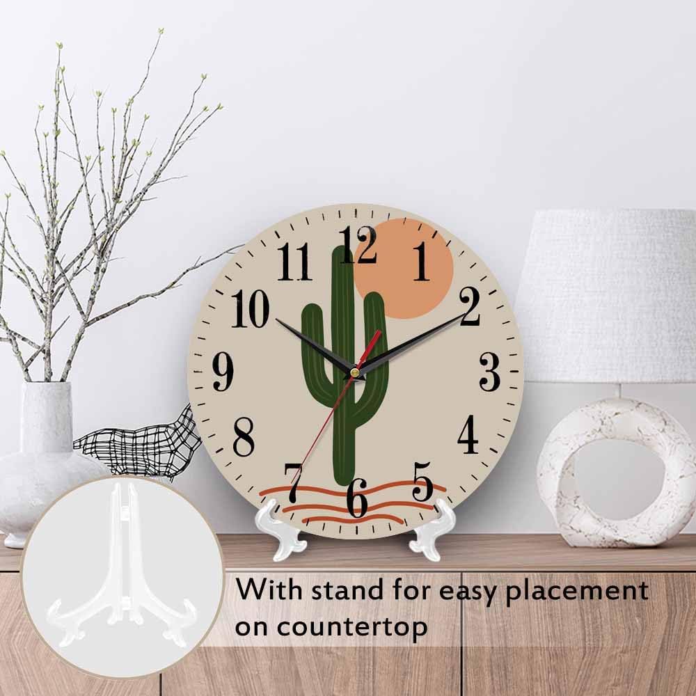 Mxocom Cactus Wall Clock Abstract Green Cacti Desert Wild Tropical Plant 10 Inch Silent Non Ticking Battery Operated Clock Vintage Round Clock for Living Room Bedroom Bathroom Office Decor
