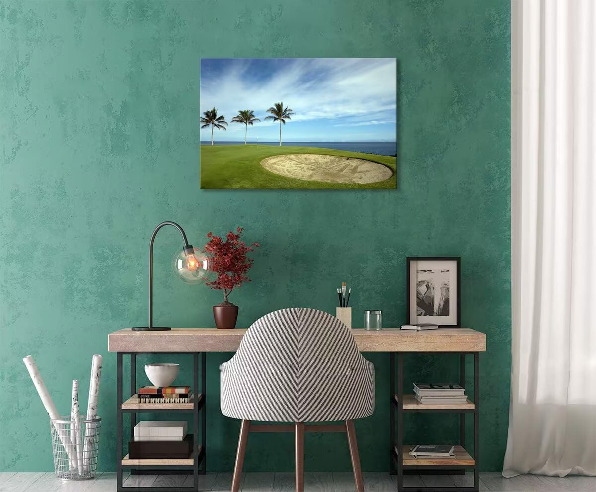 Green Hawaiian Golf Course Wall Art for Living Room Bedroom Bathroom Home Decorations Golf Art Canvas Prints Hawaii Golf Course Picture Poster Framed Artwork Ready to Hang(12''H x 16''W)