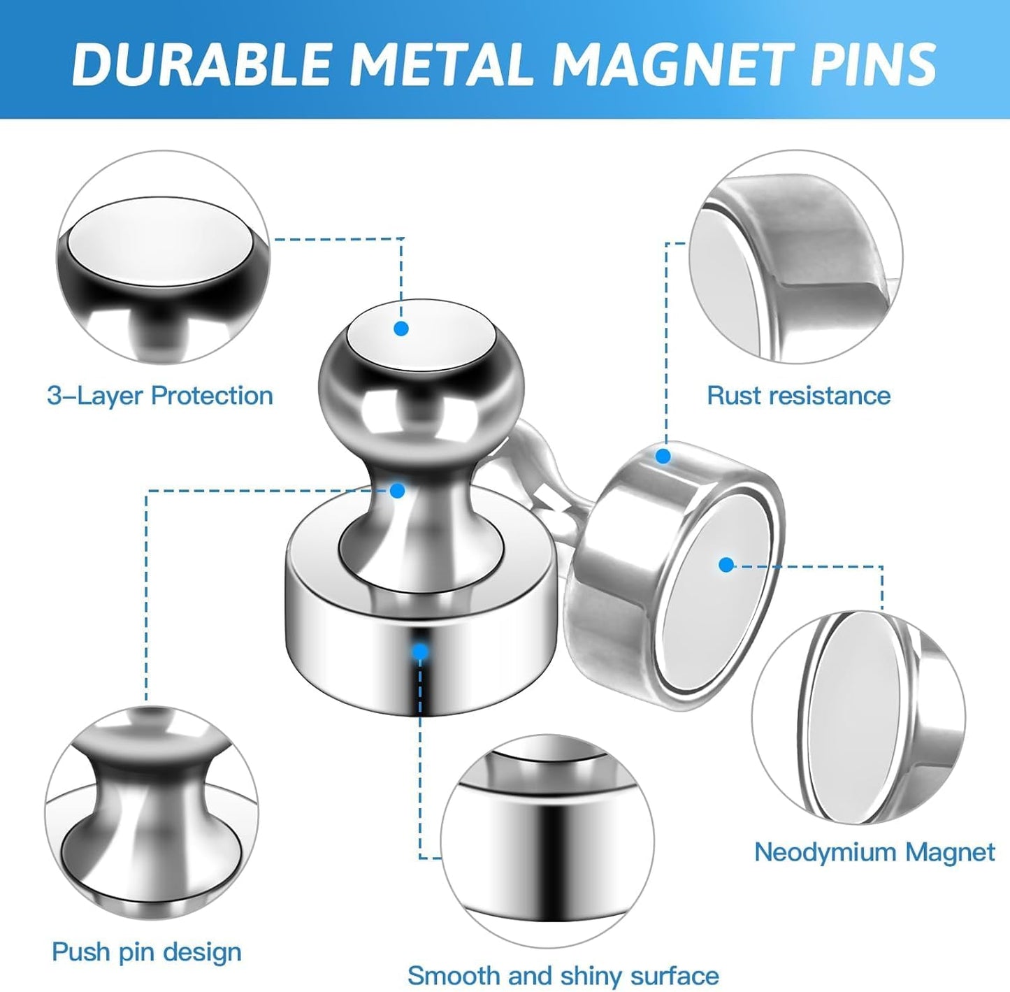 Small Strong Refrigerator Magnets Black Magnets for Fridge Mini Magnetic Push Pins Metal Brushed Nickel for Whiteboard Map, Fridge Magnets Adult, Office Magnet (Silver, 60Pack)