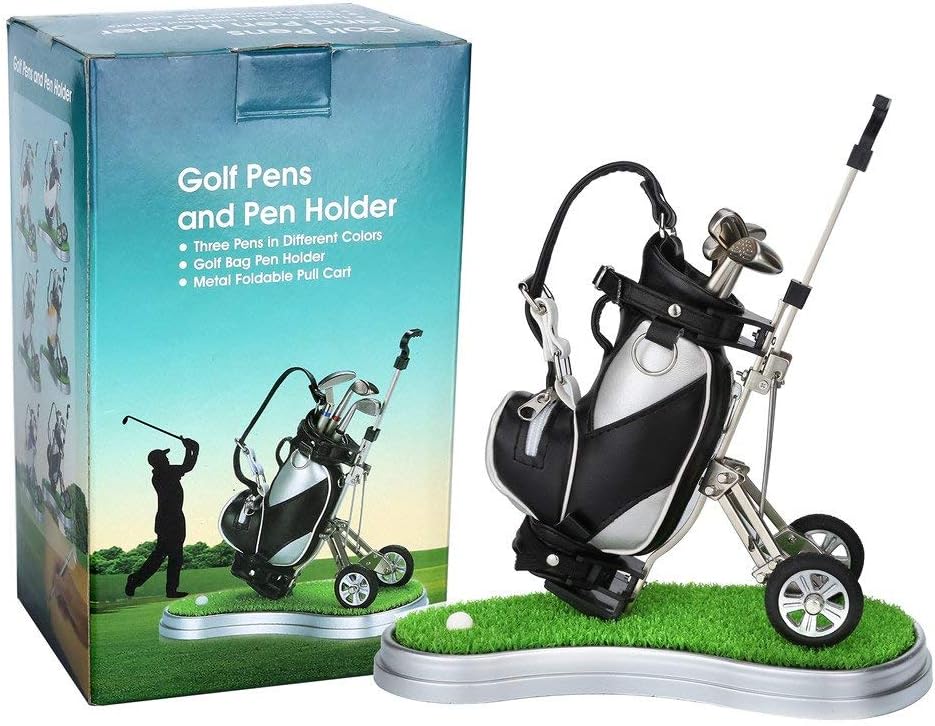 10L0L Golf Gifts for Christmas Day, Golf Pens with Golf Bag Holder & Pen Holder, Golf Souvenirs Gifts with 3 Pieces Golf Club Pens Office Desk Golf Bag Pencil Holder for Men Birthday
