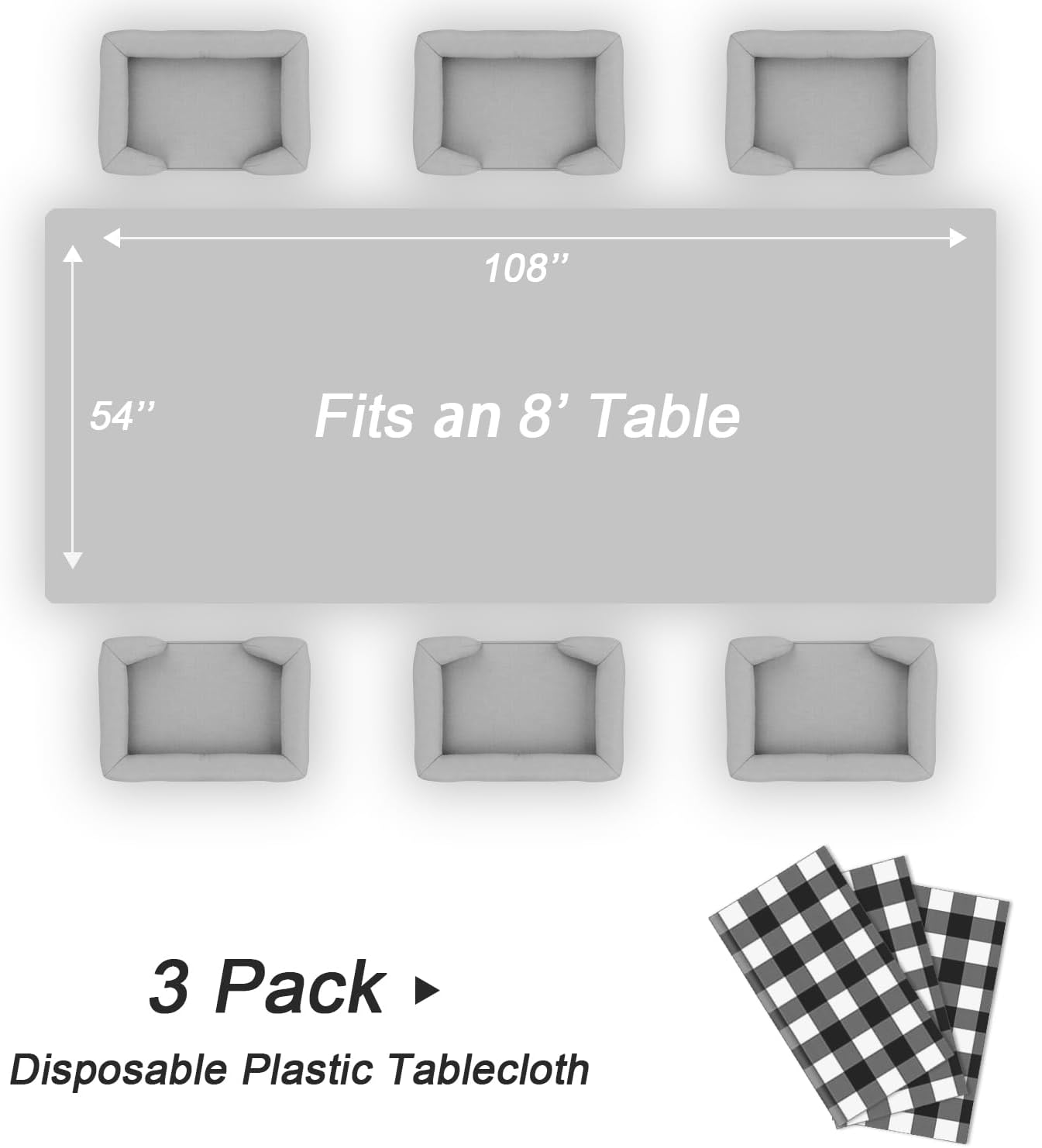 QIKSION Black Gingham Tablecloth Disposable 3 Pack, 54 x 108 Inch Black and White Checkered Table Cloth for Rectangle Tables, Plastic Table Cover