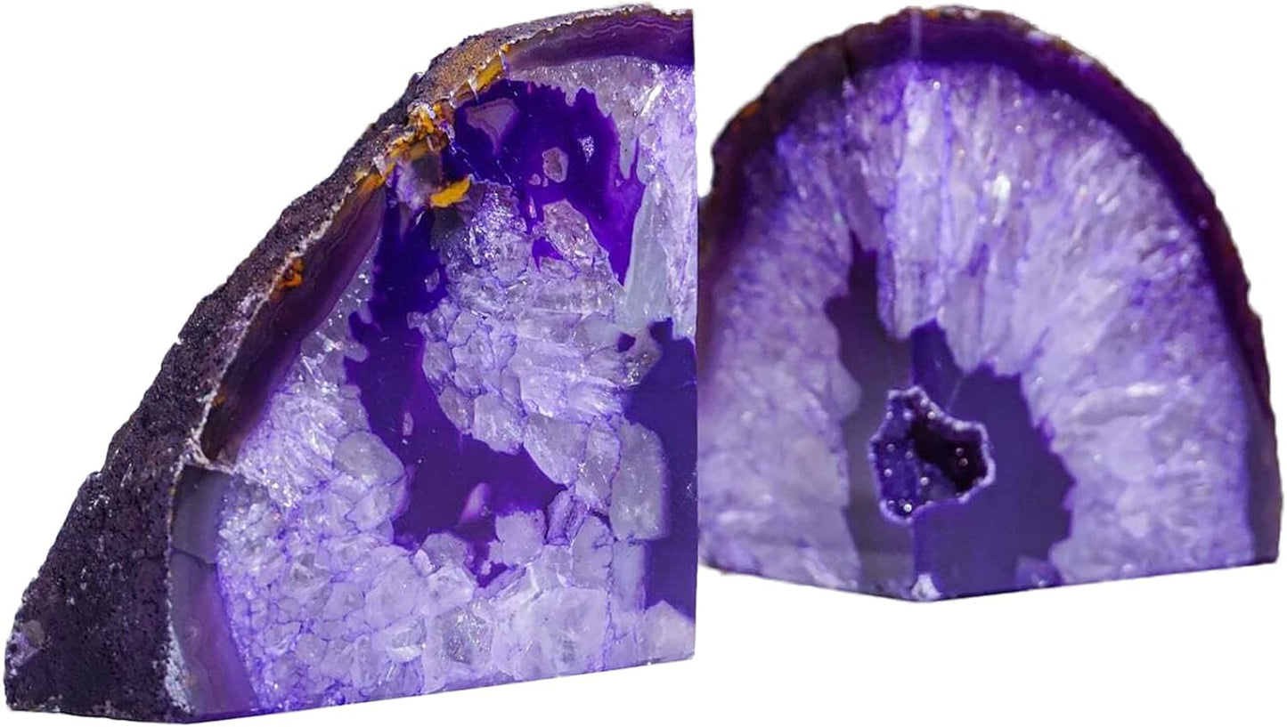 AMOYSTONE Purple Agate Bookends - Decorative Stone Book Holders for Hardback Book or Cookbooks, Stone Bookends 2-3 LBS with Rubber Bumpers, Unique Book Stoppers Home Office Decor