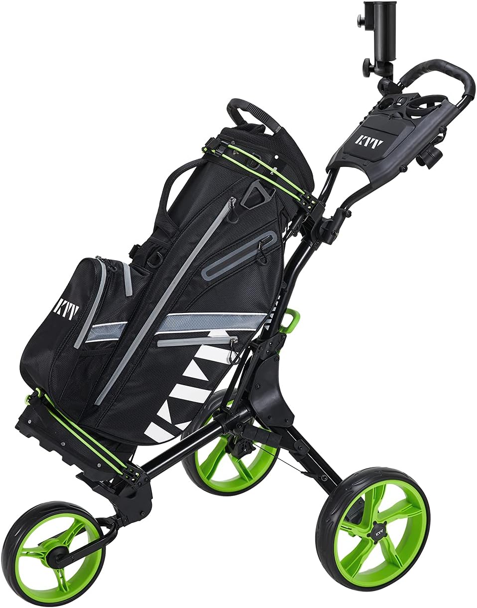 KVV 3 Wheel Golf Push Cart Ultra Lightweight Smallest Folding Size, New-Version Scorecard Holder