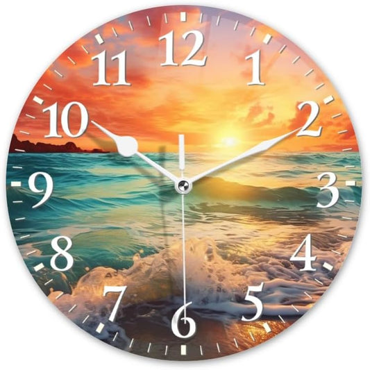 Beach Wall Clock Non-Ticking Silent Clocks Battery Operated Analog Decor Clock for Home-Beautiful Sunset Over The Ocean with Waves Crashing On The Shore(10inch)