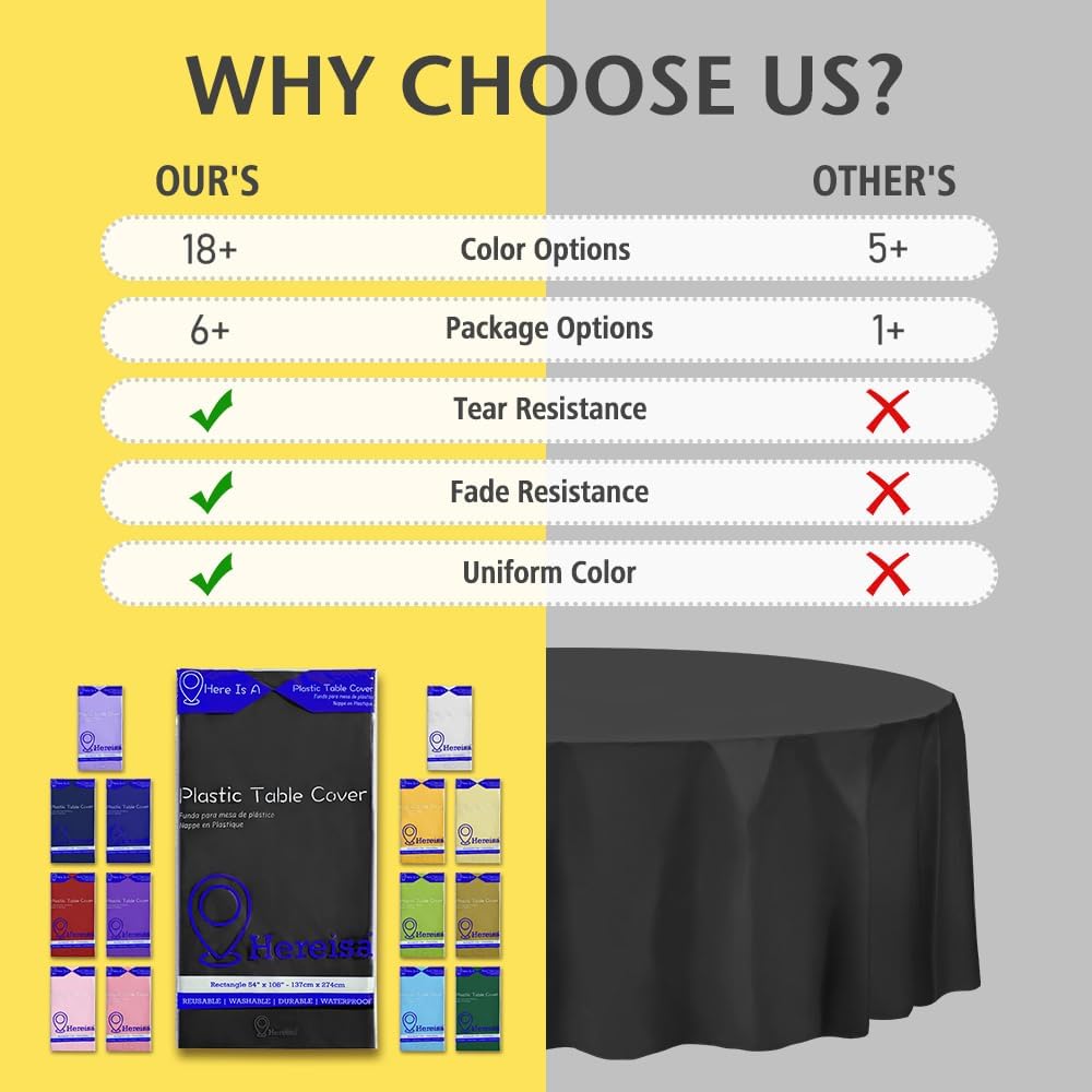 Brand Round Black Plastic 84" Disposable Tablecloth (3 Pack), Party & Event Decorative Cover