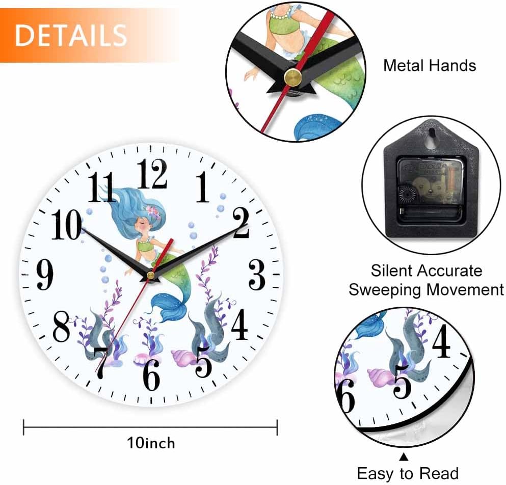 Mxocom Mermaid Wall Clock Watercolor Cartoon Mermaid Tail and Floral 10 Inch Silent Non Ticking Battery Operated Clock Vintage Round Clock for Living Room Bedroom Bathroom Office Decor