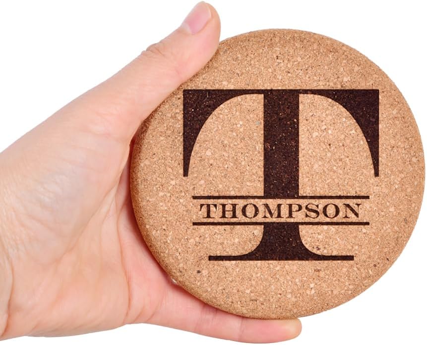 Personalized Cork Coasters for Drinks, Custom Engraved Absorbent Heat & Water Resistant Coasters for Cups and Mugs (T)