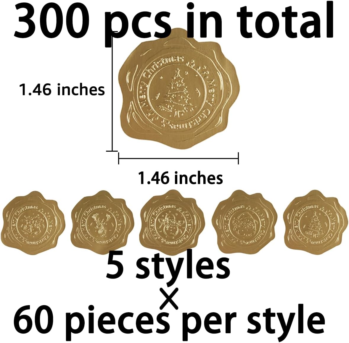 300 Pieces Embossed Gold Foil Stickers Gold Stickers for Envelopes, Wedding Invitations, Christmas Greeting Cards Envelopes (Gold Christmas)