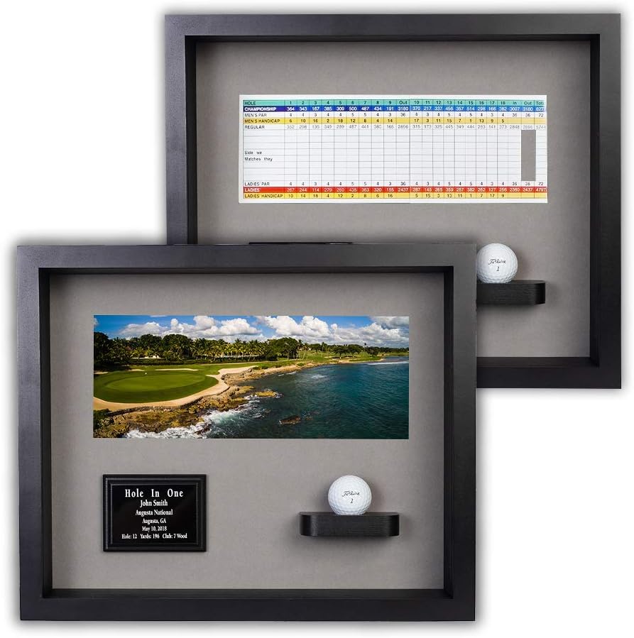 Hole in One Shadowbox and Golf Ball Display Case | Personalized Engraved Plate | Holds Golf Ball and Scorecard or Photo |4 Color Finishes | Wall Mounted (Horizontal, Black/Gray)